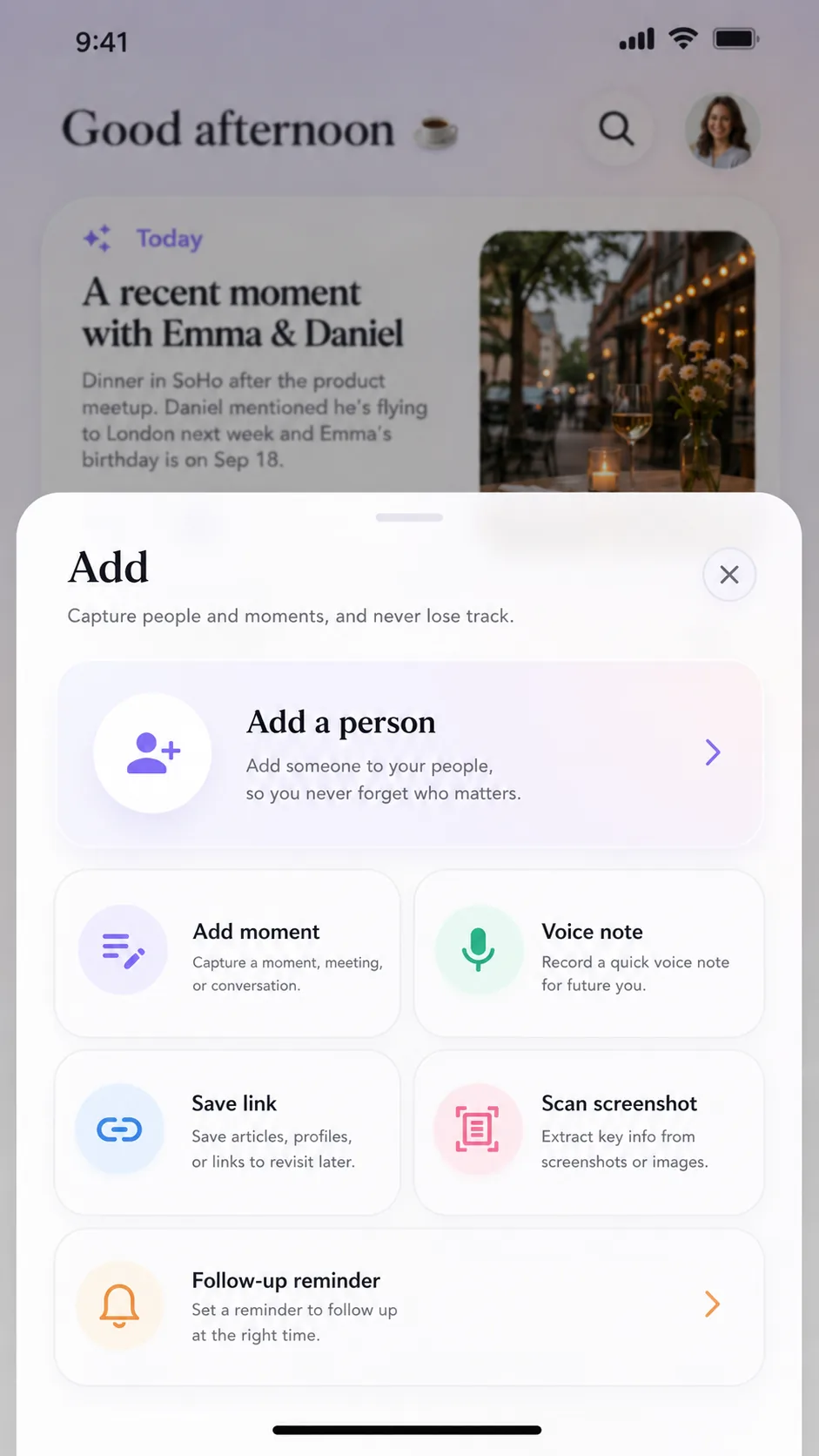 Relmory quick capture and follow-up reminder preview