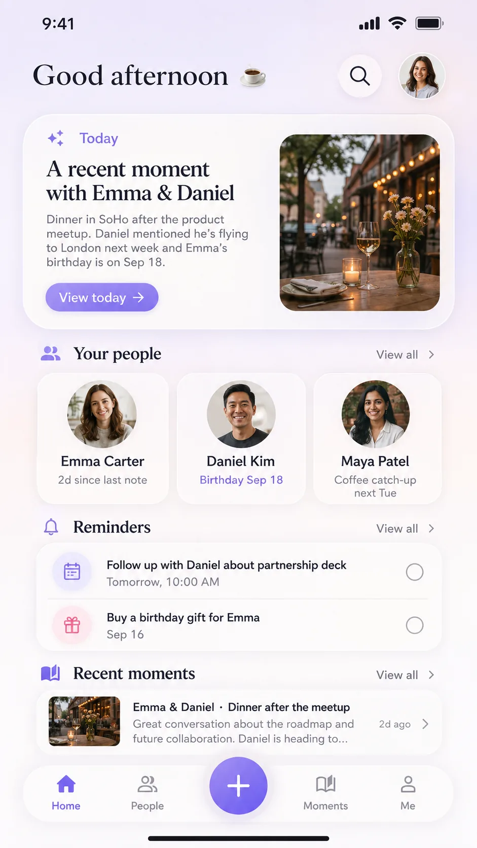 Relmory home screen showing people, reminders and recent moments