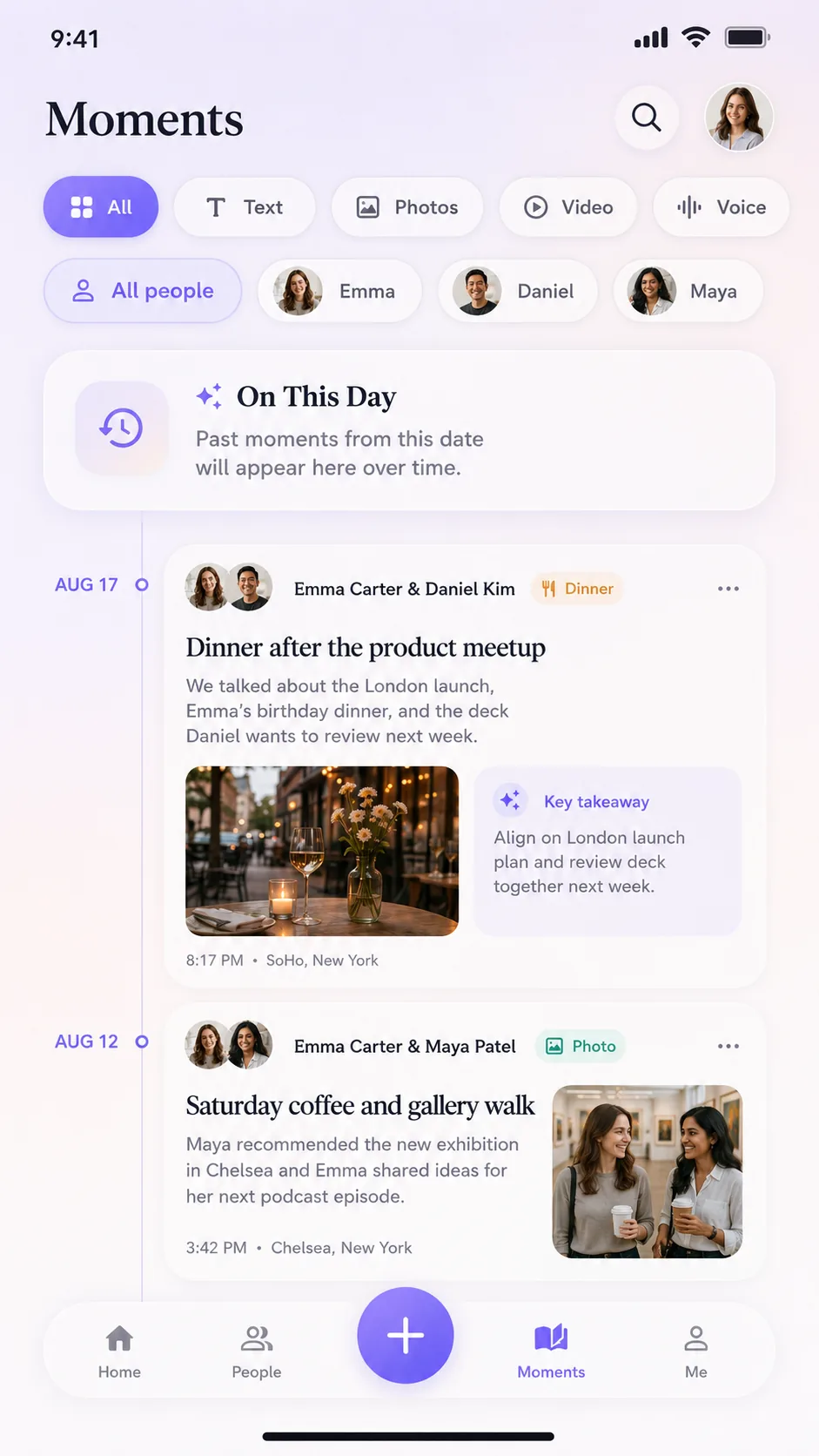 Relmory moments timeline showing meaningful events connected to people